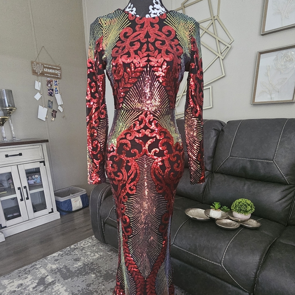 Elegant Red and Black Sequin Prom Dress